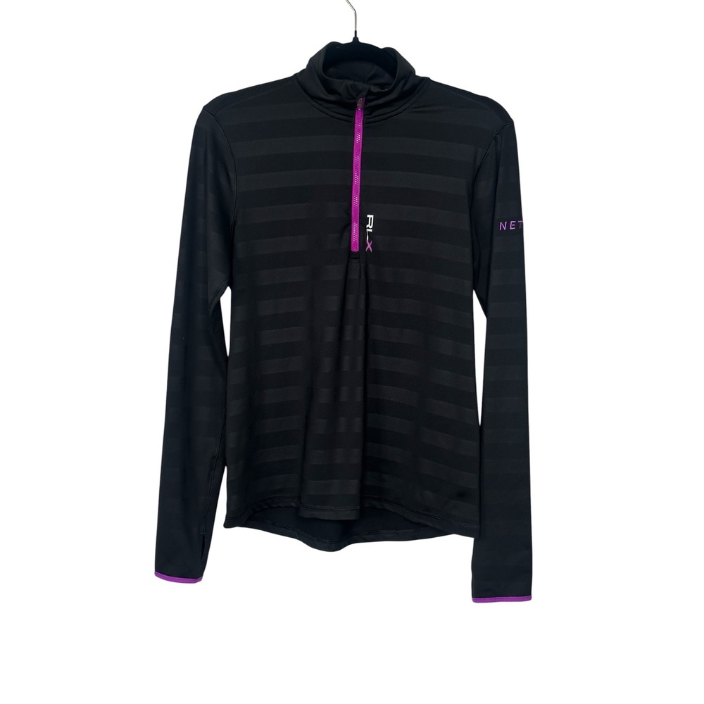RLX Ralph Lauren Pullover Medium Black Striped Purple Trim NetJets Quarter Zip
